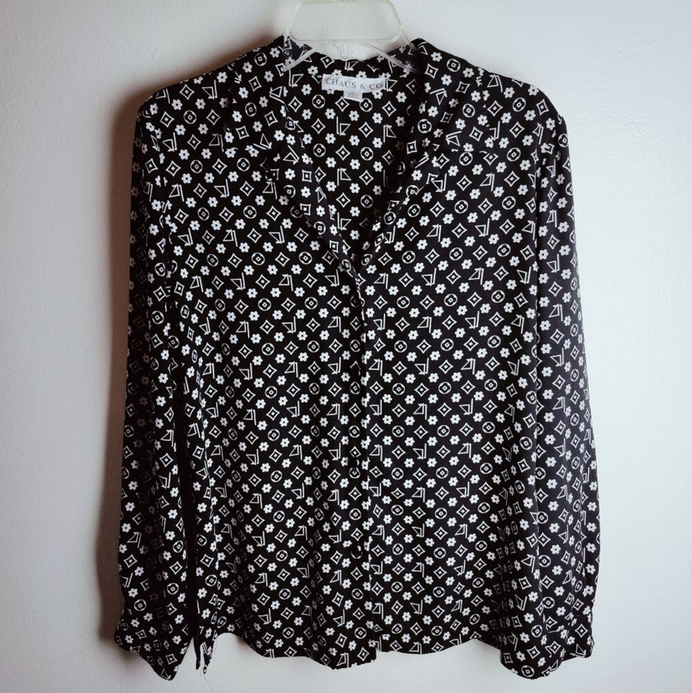 VTG Y2K Chaus & Co Fashion Monogram Print Long Sleeve Button Down Blouse, 12